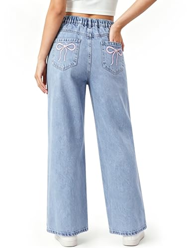 PATPAT Girls Wide Leg Jeans 5-14 Years Baggy Bow Embroidery Mid Elastic Waist Denim Pants with Zipper Fly Cute Y2K Trendy Kids Teens Streetwear Wash Blue