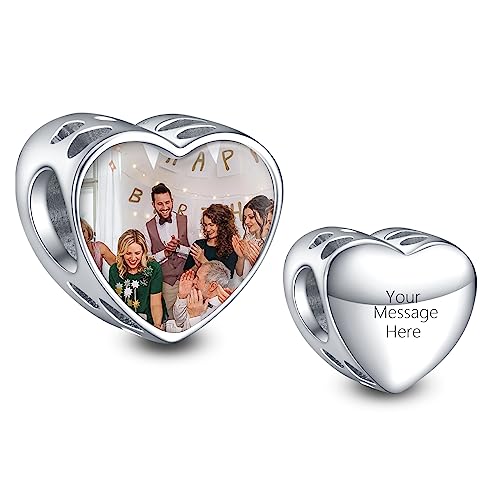 NINGAN Personalized Photo Charms 925 Sterling Silver for Bracelets Necklaces, Customized Engraved Heart Round Family Tree Dad Mom Love Bead Dangle for Women Wife