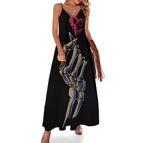 Robe longue femme été sans manches imprimé cœur dessiné à la main pour plage