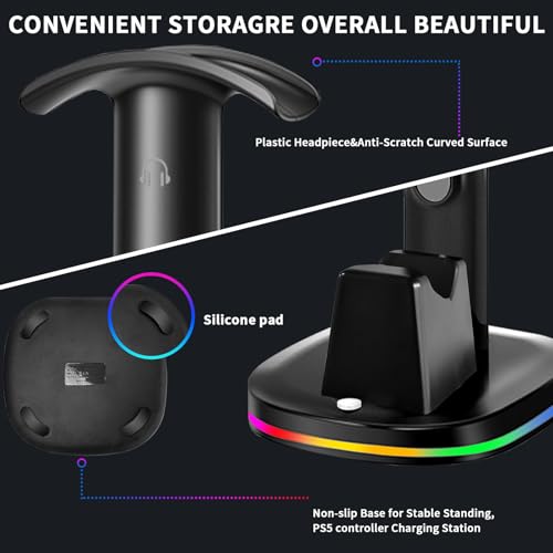 Image of PS5 Controller Charging Dock with RGB Headphone Stand | 2-in-1 Dual USB Fast Charging Station for PS5 Controllers | RGB LED Gaming Headset Stand & Multi-Functional Gaming Accessories