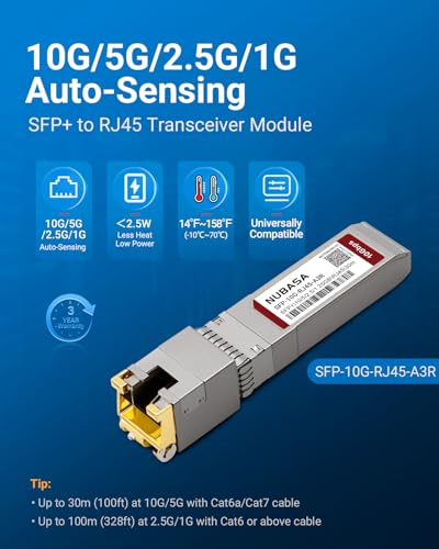 Image of SFP+ to RJ45 Adapter | 10G /5G /2.5G /1G Auto-Sensing | Low Power SFP+ Transceiver Module < 2.5W | 10GbE Copper Up to 100ft (30m) | Plug-Play