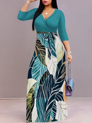 Image of Plus Size Maxi Dress for Women V Neck 3 /4 Sleeve Wrap Dress