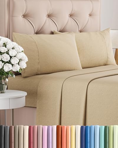 King Size 4 Piece Sheet Set - Comfy Breathable & Cooling Bed Sheets Set - Hotel Luxury Bedding for Women, Men, Kids, Teens, Boys & Girls - Deep Pockets, Soft & Wrinkle Free - Tan (Heathered Sheets)
