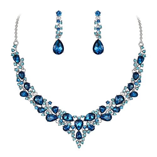 EVER FAITH Parures Bijoux de Mariage Collier Boucles d'oreilles en Cristal Goutte Ensemble pour Mariée Fête Bleu Ton d'argent Cover