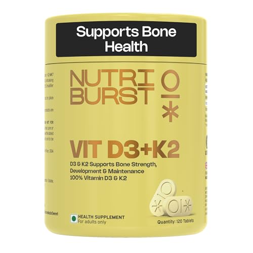 Image of Nutriburst Vitamin D3 + K2 | Vitamin D3 K2 Supplement for Men & Women | Supports Bone Strength & Heart Health | 100% Vitamin D with K2 for Better Absorption | 120 Veg Tablets (4-Month Pack)