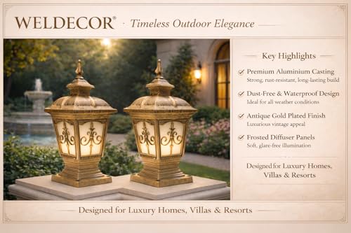 Image of Weldecor Outdoor Main Gate Pillar Light, Set of 2, Aluminium Die Cast Waterproof, LED Compatible Lamp Post for Garden Pathway, Antique Boundary Wall Lights for Home, Villa, Resort & Farm House