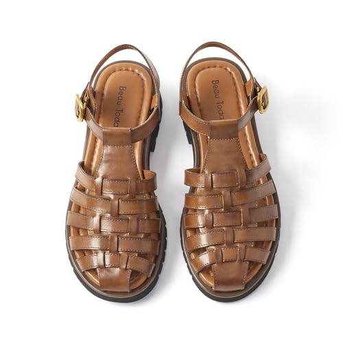 BEAU TODAY Womens Platform Fisherman Sandals, Chunky Gladiator Sandals for Women, Casual Closed Toe Leather Sandal, Fashion Comfortable Lightweight Dressy Shoes with Adjustable Buckle 7