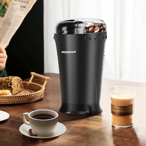 Foto von Aigostar Kaffeemühle Elektrisch Gewürzmühle Kaffee Mühle für Kaffeebohnen, Getreide, Gewürze und Nüsse, Edelstahl Schlagmesser, 60g Bohnenbehälter, Elektrische Propellermühlen, 200 Watt, Schwarz