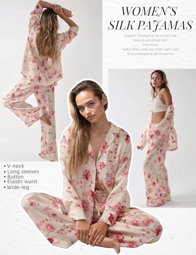 Image of Arssm Satin Pajama Set for Women Silk Pajamas Set 2 Piece Floral Pj Set Long Sleeve Button Down Pjs Sleepwear