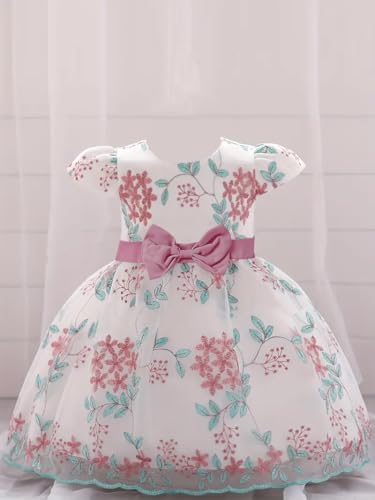Image of Tagas Girls' Knee-Length Dress|Elegant Floral Embroidered Baby Girl Party Dress with Bow|Soft Net Layered Frock for Birthday, Wedding & Festive Occasions|Comfortable & Stylish