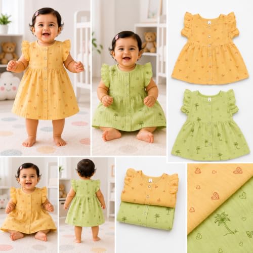 Image of Lilimi Toddler Baby Girl Cotton Muslin Dress, Breathable Flutter Sleeve Button-Front Cute Frocks