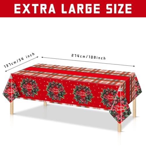 Plastic Christmas Tablecloth 54x108 Inch 3-Piece Set,Disposable Festive Red Poinsettia Pattern Holiday Dining Table Cloth for Christmas Party & Baby Shower Decorations – Image 3