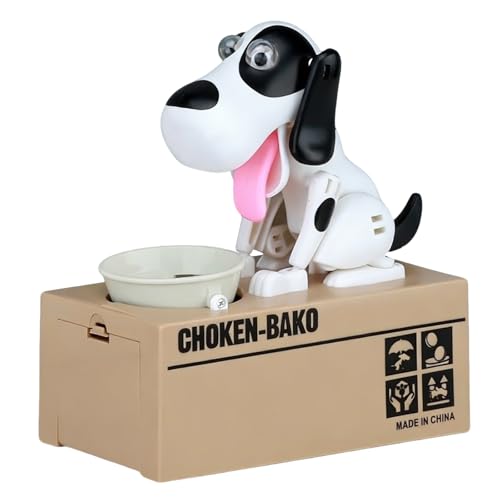 Tirelire en forme de chien affamé, noir et blanc