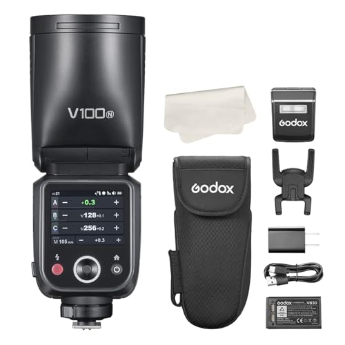 Godox V100N 100Ws Flash de Cámara, Pantalla táctil, Sub Flash Desmontable, USB-C Batería de Carga, 2.4G X Inalámbrico HSS TTL Flash para Nikon Z9 Z8 Z7II Z6 ZFC D7500 D850 D810 D5100 D3200 D3100