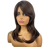 MIMISERVICE Brown Side Part Wig for Women, Shoulder Length Layered Wigs with Side Bangs Heat Resistant Synthetic Wigs for Daily Party(18 inch)