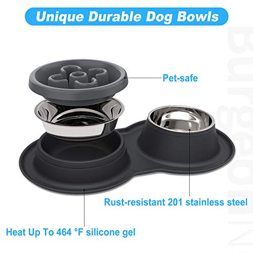 BurgeonNest Slow Feeder Dog Bowls, Stainless Steel 4-in-1 Food and Water Bowls with No-Spill Non-Skid Silicone Mat Eco-Friendly Slow Down Eating Puzzle Bowl for Small Medium Sized Dogs Cats