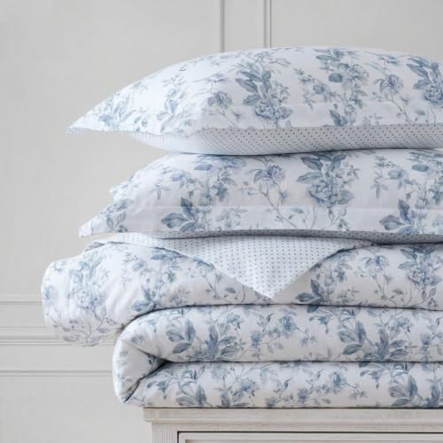 Image of Martha Stewart - Twin Comforter Set, 100% Silky Smooth Cotton Sateen Floral Bedding for Year Round Comfort, 2 Piece Bed Set with Matching Pillowcase (Songbird Blue)