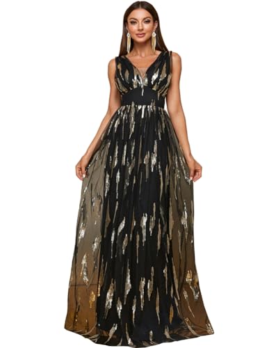 Women's 2024 Formal Dresses Sequin Mesh A-Line V-Neck Maxi Dress Evening Gown