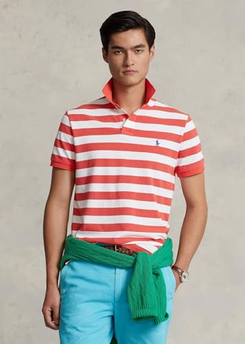 Image of POLO RALPH LAUREN Mesh Short-Sleeve Classic Fit Mens Polo Shirt with Bold Stripes and Polo Pony Embroidery Shirt (US, Alpha, X-Large, Regular, Regular, Reef Red - White)