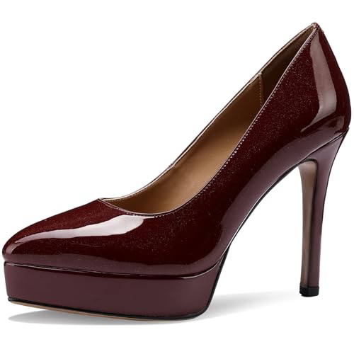 TDD Patent Leather Platform Heels for Women Work Office Closed Pointed Toe Stiletto Pumps Comfortable Sexy Heals Dressy Shoes Wedding Elegantes Wide Comfortable 4 Inch High Heels