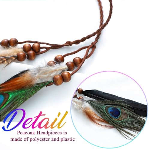 Nicute Boho Feather Headbands Peacoak Headpieces Festival Indian Headband Hippie Accessories for Women (Brown)