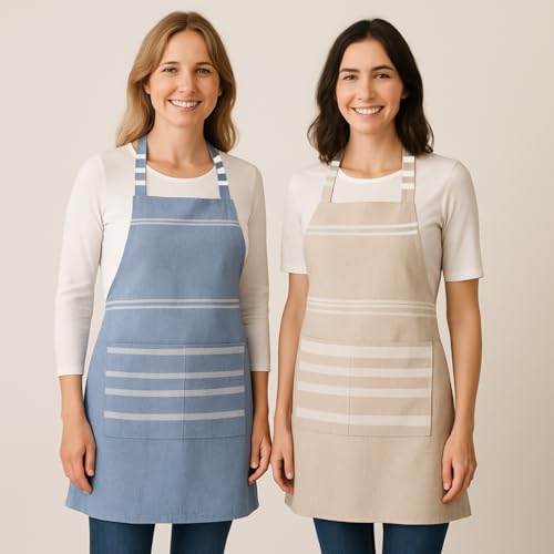 Image of Unisex Cooking Aprons | Waterproof Apron | Striped Design with 2 Front Pockets & Adjustable Neck Strap | Durable, Oil & Stain Resistant | Chef Apron for Cooking