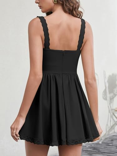 Image of Womens Summer Floral Mini Dress Square Neck Tie Front Lace Spliced Ruched Backless Casual Party Graduation Short Dresses