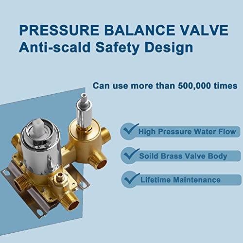 Whshower 3-Function Shower Diverter Valve Concealed Brass Pressure Balance Rough-In Valve Trim Kit Polished Chrome #TOP3