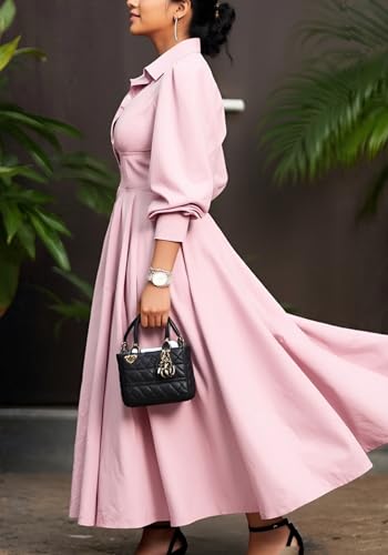LAJIOJIO Women's Shirt Maxi Dresses Casual,V Neck Button Down Long Sleeve Swing Pleated Dress with Pockets3