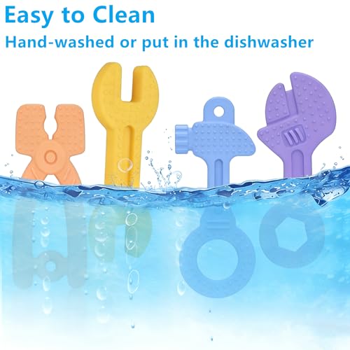 Image of Fu Store 4 Pack Soft Silicone Teething Toys for 0-12 Months 6-24 Months Toddlers Infant Hammer Spanner Wrench Pliers Tools Shape Baby Teethers Relief Soothe Babies Gums Set