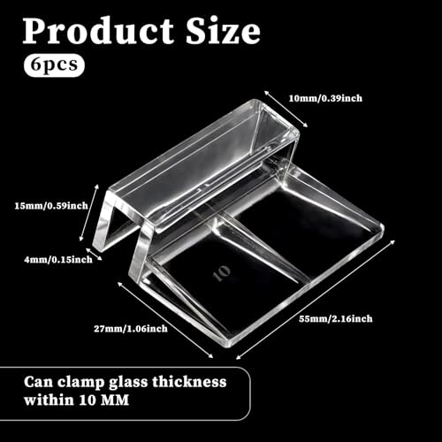 Image of Sliverdew 6 PCS Aquarium Lid Clips, 10 mm Clear Acrylic Fish Tank Lid Holder Aquarium Hoods Support Clamps for Rimless Fish Tank Glass Top - for Thickness 10mm