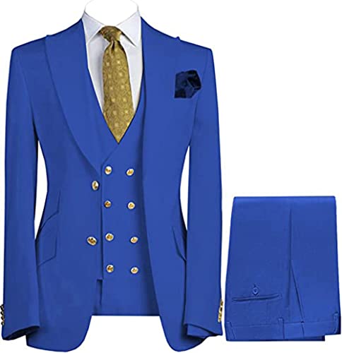 Men's Suits Slim Fit Wedding Groom Tuxedos 3 Pieces with Gold Buttons Formal Suit Peak Lapel3