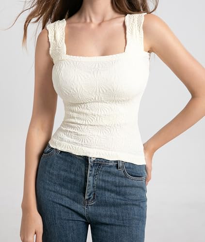 Women's Square Neck Wide Strap Crop Tank Tops Flower Going Out Tops Slim Fit Lettuce Trim Crop Cami Tops