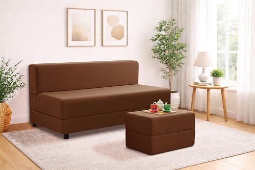 Image of 5X6-Feet Leg Sofa Cum Bed with Ottoman | Jute Fabric 3 Seater Convertible Sofa Bed | Modern Space Saving Furniture for Living Room | Brown