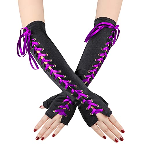 LEACOOLKEY Guantes para mujer sin dedos, de satén, ajustables, con codos, elásticos, para cosplay, de Halloween, B-negro+cuerda violeta, Talla única Cover