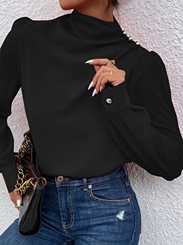Oyoangle Women's Elegant Zip Back Puff Sleeve Button Beaded Stand Collar Ruffle Blouse Black S #TOP3