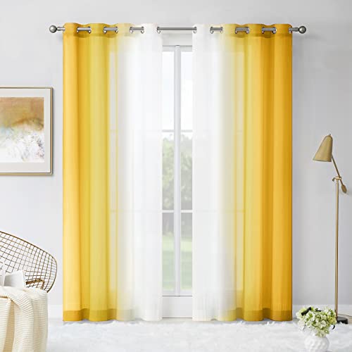 Melodieux Orange Yellow Ombre Sheer Curtains 96 Inches Long for Living Room, Soft Chiffon White Orange Gradient Grommet Voile Drapes, 52 by 96 Inch, 2 Panels by Melodieux - Used condition - CA$16.67