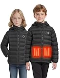 QXOOXQ Kids Heated Puffer Jacket – USB Electric Heating Coat with Hood for Boys and Girls, 4 Heating Zones (Abdomen, Back, Waist), Winter Waterproof Warm Jacket, Power Bank Not Included.