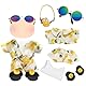 6 Stück 17cm Schwarzes Beachwear-Set Plüsch Puppenkleidung, Sommerstil Plüsch Puppenkleidung Outfit, Eiscreme-Anhänger, Hemd & Shorts mit Aufdruck, Weste, Sonnenbrille, Entenpantoffeln für Kinder