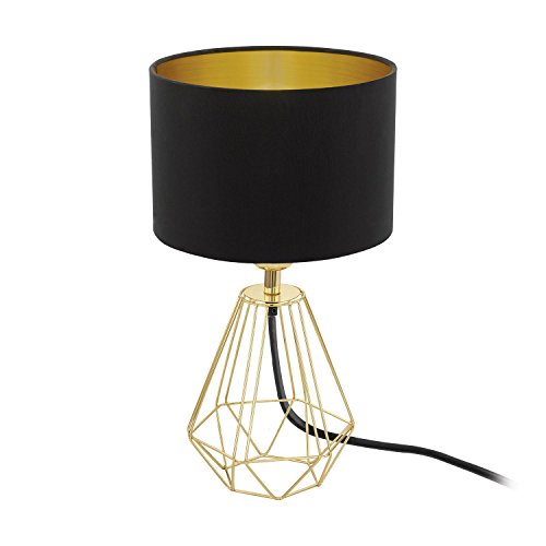 Eglo lampada da tavolo Carlton 2, lampada da tavolo vintage a uno punto luce, lampada da comodino in acciaio e tessuto, oro, nero, presa E14, interruttore incl