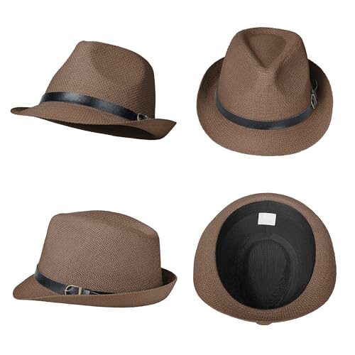 Image of Straw Trilby Fedora Hat for Men Women 1920s Panama Hat Short Brim Summer Beach Sun Hat with Band