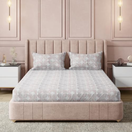 Image of Amazon Basics - 100% Cotton Fitted Bedsheet | 144TC |Fitted King Bed Sheet with 2 Pillow Cover|Soft Cotton | Geometric Print | 78 Inch x 72 Inch - 8 Inch Drop, Brown