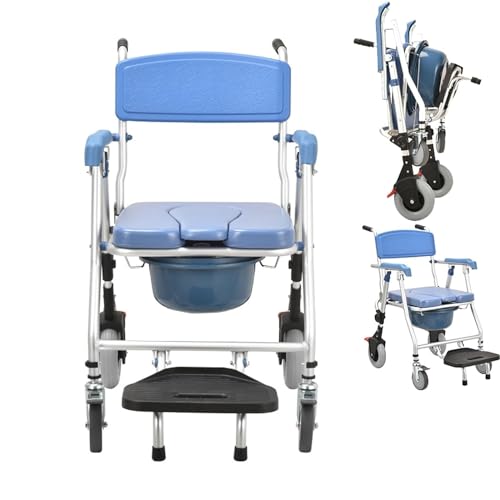Silla de ducha plegable con ruedas, silla impermeable con acolchado suave y frenos para la movilidad del baño