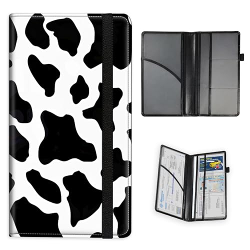 Car Registration and Insurance Holder PU Leather Vehicle Insurance and Registration Holders Wallet Case with Elastic Band Closure for ID Card, Driving Licence, Black and White Cow Print