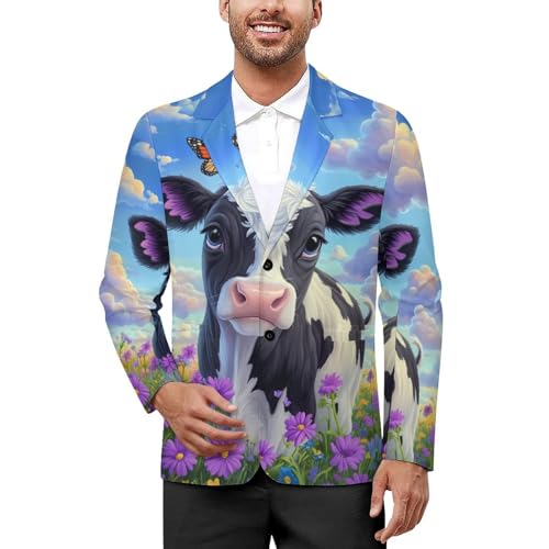 Cow Florals Butterfly Men's Slim Suit Long-Sleeve Prom Tuxedo Classic Two Button Business Jacket