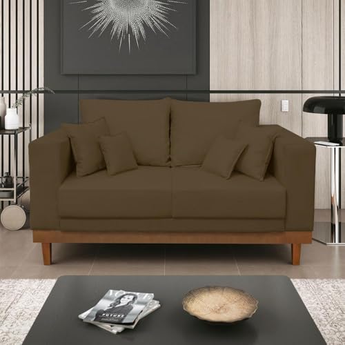 Sofá Living 2 Lugares Suede Resistente Madeira + Almofadas Marrom