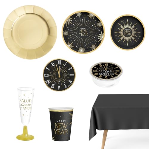 OH YEAH - Kit Vajilla Desechable 12 Personas Nochevieja - 84 Piezas - Negro y Oro - Platos, Vasos, Servilletas - Decoración Mesa Fin de Año - Diseño con Estrellas Brillantes - Fiesta Navidad Elegante OH YEAH - Kit Vajilla Desechable 12 Personas Nochevieja - 84 Piezas - Negro y Oro - Platos, Vasos, Servilletas - Decoración Mesa Fin de Año - Diseño con Estrellas Brillantes - Fiesta Navidad Elegante