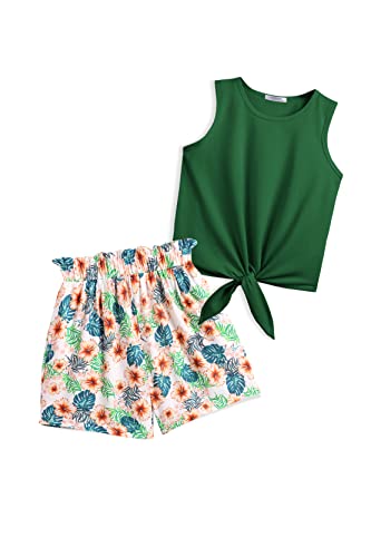 Image of Arshiner Girls Summer Outfits Hawaiian Shirt Beach Kids Clothes Spring Green Tanks Floral Leaf Short Sets Size 6