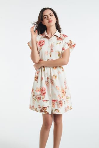 Image of D-Sun Women Button Down Shirt Dress V-Neck Floral Printed Short Sleeve Mini Dress Casual Belted Short Party with Pocket