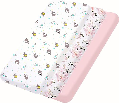 Image of bimocosy Baby Crib Sheet, Mini Crib Sheets, Toddler Bed Sheets, 3 Pack,Size 38"x 26" for Playard Mattress, Ultra Soft Microfiber, Pack N Play Sheets Fitted, Floral/Elephants/Pink